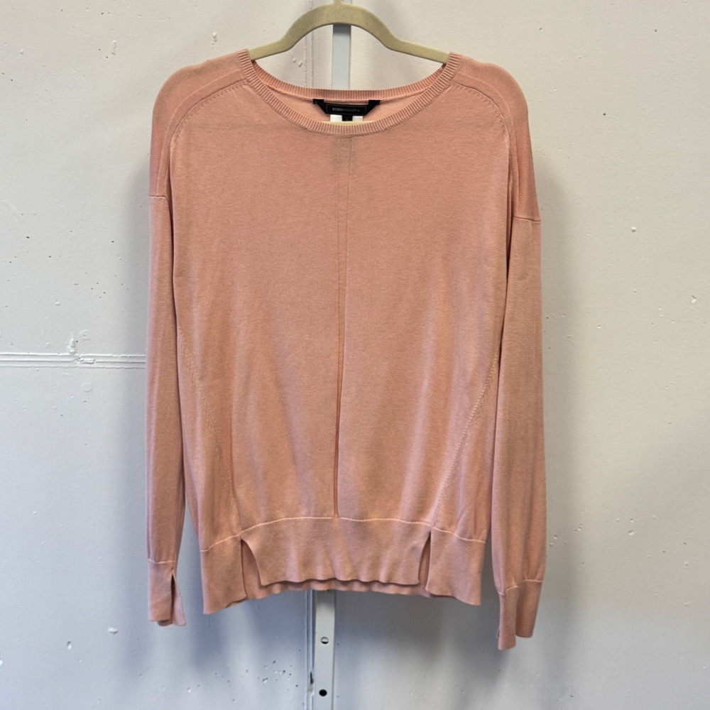 BCBGMAXAZRIA Coral Pink Silk‎ Blend Crew Neck Sweater Side Split Hem M